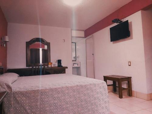 a bedroom with a bed and a flat screen tv at Hotel Aurora in Oaxaca City