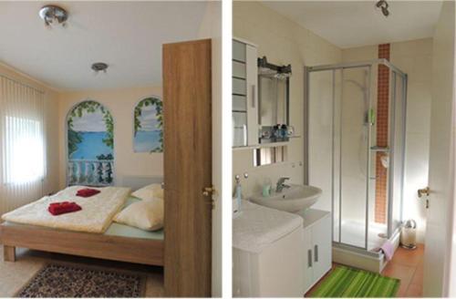 2 fotos de un baño con cama y lavabo en Pension-Kleint-Wohnung-1, en Radebeul