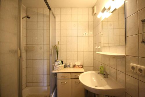 Neudorf的住宿－Grosse-Ferienwohnung-Ebert-Green，一间带水槽和淋浴的浴室