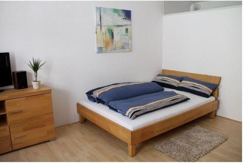 ein Schlafzimmer mit einem Bett und einer Kommode mit einem TV in der Unterkunft Ferienwohnung - Konvikt Nr. 1 in Freiburg im Breisgau
