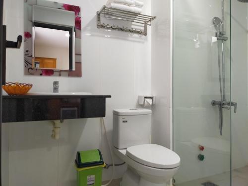 a bathroom with a toilet and a shower and a mirror at Hoang Son Hotel in Nha Trang