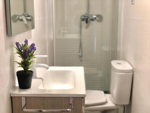 Un baño con lavabo, inodoro y ducha. en EL MIRADOR DE CACERES, en Cáceres