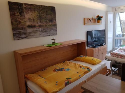 a bedroom with a bed and a tv in it at Studiowohnung-Bernstein in Schilksee