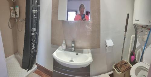 uma mulher tirando uma foto de uma casa de banho com um lavatório em Chez Aurelia - La mini maison em La Couture-Boussey