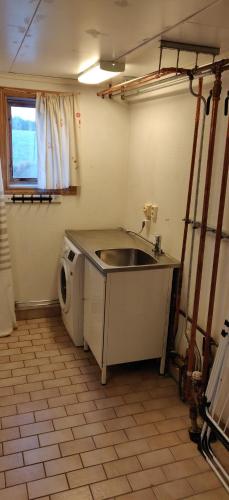 a kitchen with a sink and a washing machine at Turisthuset Västra Karstorp in Aneby