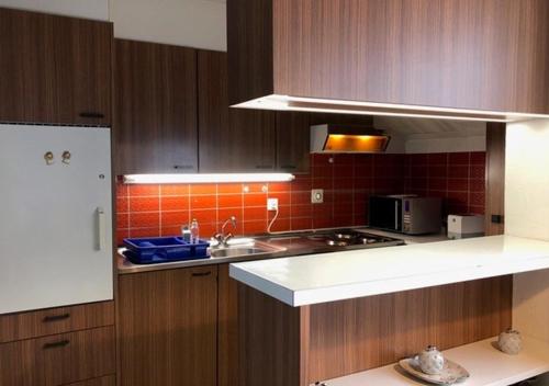 een keuken met een wastafel en een fornuis top oven bij Appartementhaus Quadern (A302) in Valens