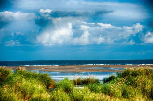 a beach with grass and the ocean on a cloudy day at INSEL-LAND-HOTEL MICHAELSEN im November Morgen-Yoga u Sauna inkl in Borkum
