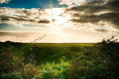 a field with the sun setting in the sky at INSEL-LAND-HOTEL MICHAELSEN im November Morgen-Yoga u Sauna inkl in Borkum
