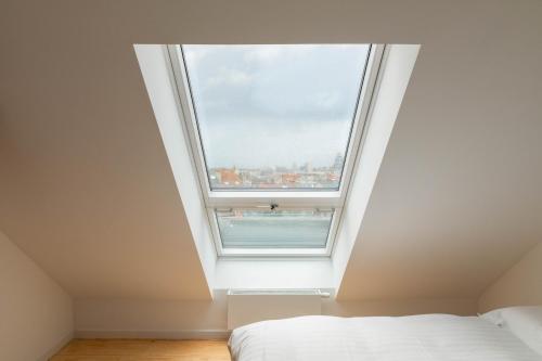 una camera da letto con una grande finestra sul soffitto di Savoie a Bruxelles