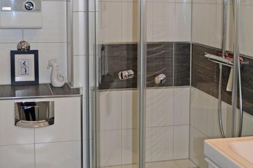 une douche avec une porte vitrée dans une salle de bain dans l'établissement Encore-ONE, à Büsum