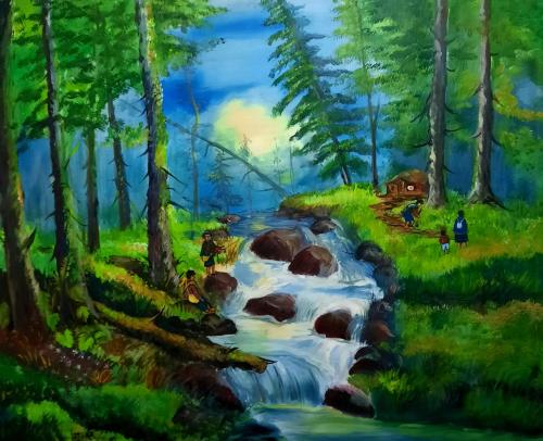 an oil painting of a stream in a forest at Posada Turistica Nakku in Silvia