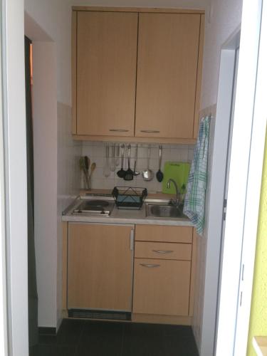 uma pequena cozinha com armários de madeira e um lavatório em Ferienwohnung-Koehler-2 em Altreichenau