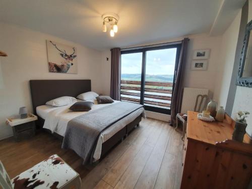ein Schlafzimmer mit einem großen Bett und einem großen Fenster in der Unterkunft Gîte Le Rivage in Stavelot