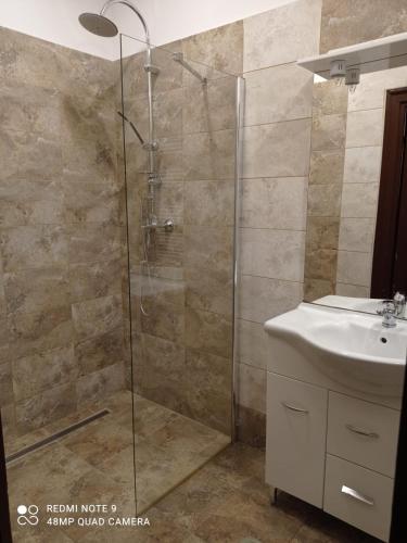 a bathroom with a shower and a sink at Central View Piata Sfatului 7- Panoramic Apartment in Braşov
