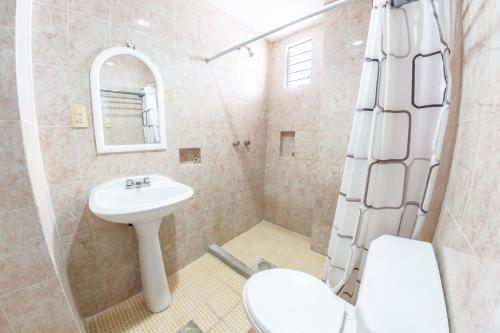 y baño con lavabo, aseo y ducha. en Hotel Ziami en Veracruz