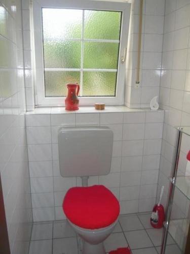 ein Bad mit einem roten WC und einem Fenster in der Unterkunft Ferienwohnungen Roder - Ferienwohnung I in Freiburg im Breisgau