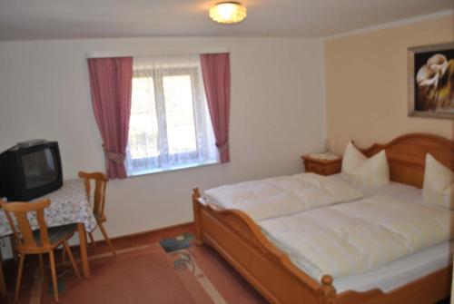a bedroom with a bed and a table and a television at Zur Alten Dampfsäge - Gasthaus-Pension Weber in Lindberg