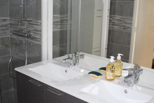 La salle de bains est pourvue d'un lavabo blanc et d'un miroir. dans l'établissement Parcappart, à Voiron