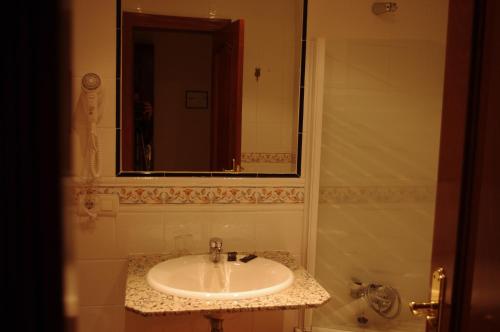 a bathroom with a sink and a mirror at Hotel La Jara-Arribes in Aldeadávila de la Ribera