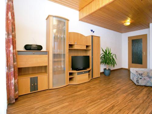 sala de estar con TV y centro de entretenimiento en Spacious apartment near Lake Constance, en Ahausen