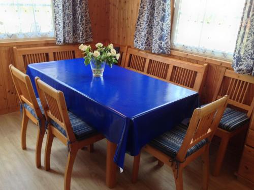 una mesa azul con sillas y un jarrón de flores. en Villa-Bunterkunt-am-Useriner-See, en Userin