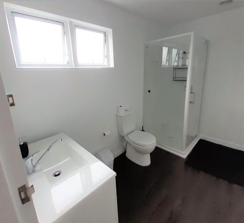 a white bathroom with a toilet and a sink at Last Light Lodge in Tuatapere