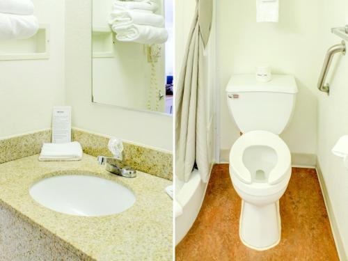 two pictures of a bathroom with a toilet and a sink at Travelodge by Wyndham Miles City in Miles City