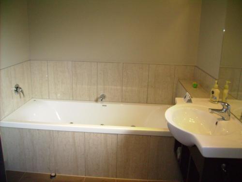a bathroom with a bath tub and a sink at Albert Court Motor Lodge in Hamilton