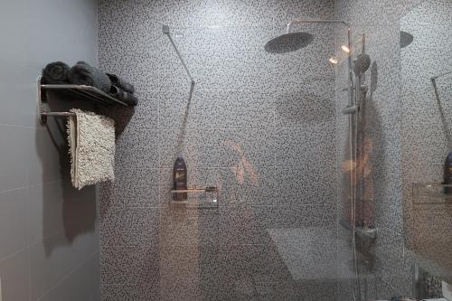 una ducha en un baño con puerta de cristal en Ocean View Deluxe Studio, en Playa Paraiso