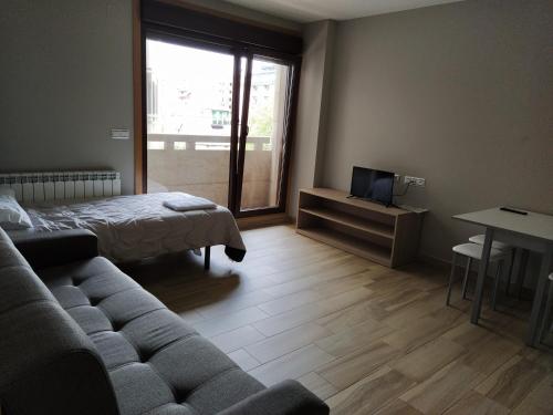 a living room with a couch and a bed and a television at APARTAMENTO SENDA SUR in Porriño