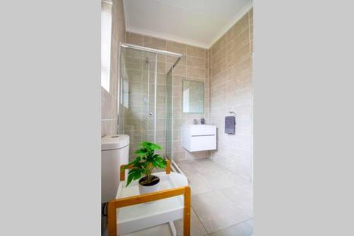 ein Badezimmer mit einem WC und einer Pflanze auf dem Tisch in der Unterkunft Ballito Hills Villa in Ballito
