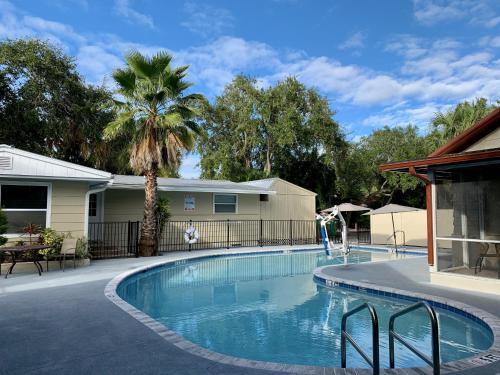 a swimming pool in front of a house with a palm tree at Siesta Heron Suites & Villas in Siesta Key