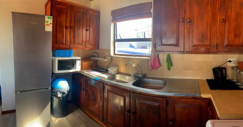 a kitchen with wooden cabinets and a sink and a microwave at Bay View Witsand in Witsand