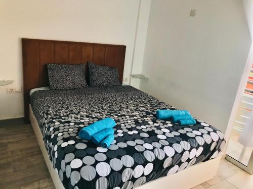 ein Schlafzimmer mit einem Bett mit blauen Kissen darauf in der Unterkunft Unica Via Edificio Girasol in Puerto de la Cruz