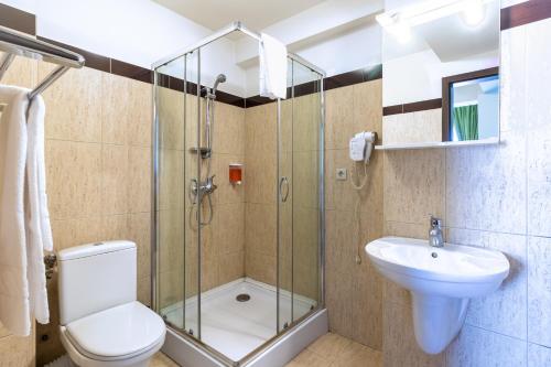 uma casa de banho com um chuveiro, um WC e um lavatório. em Hotel Restaurant Alesia em Corunca