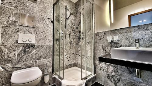 a bathroom with a shower and a toilet and a sink at Hotel Restaurant Felix in Bensheim