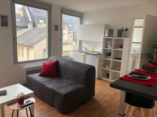 un salon avec un canapé et une cuisine dans l'établissement HYPER CENTRE - WIFI FIBRE GRATUIT - JERGWELOH - Le Parisien, à Caen
