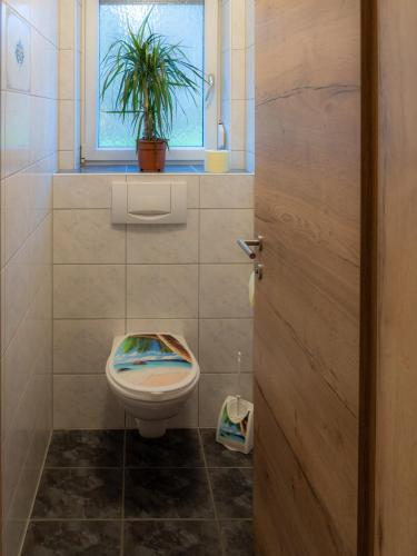 a bathroom with a toilet with a window and a plant at Lindes Appartement in Umhausen
