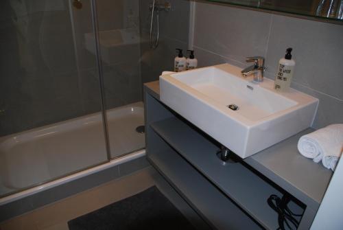 a bathroom with a sink and a shower at My Home in Vienna - Smart Apartments - Landstraße in Vienna