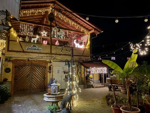 ein Gebäude mit Weihnachtslichtern an der Seite in der Unterkunft Landgasthaus Löwen mit Gästehaus in Holzhausen