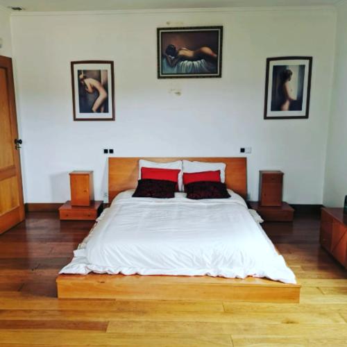 a bedroom with a large white bed with red pillows at Férias Inesquecíveis in Carregado