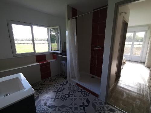 a bathroom with a shower and a sink at Le pigeonnier de La Mouline in Viterbe