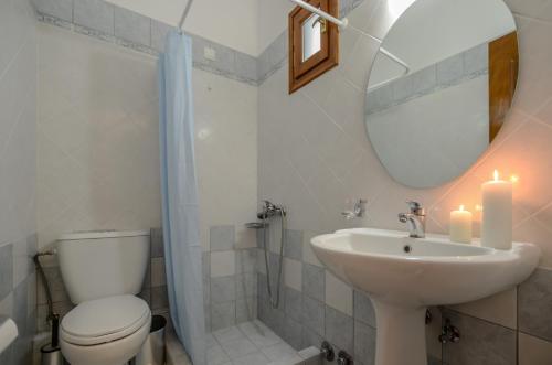 a bathroom with a toilet and a sink and a mirror at Dolphin Studios in Agia Anna Naxos