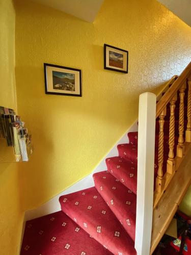 a staircase with red carpet and pictures on the wall at Kilbroney Rest in Rostrevor