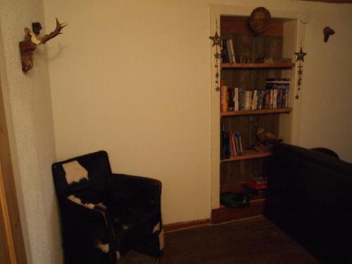 a living room with a chair and a book shelf at Landhaus Alpentraum in Kaning