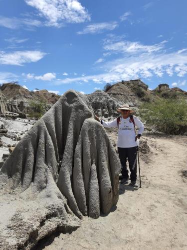 a man standing next to a rock sculpture in the desert at Tatacoa Star Eco Hotel in Villavieja