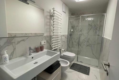 a bathroom with a sink and a shower and a toilet at Apartments Griesser - Included BrixenCard and parking garage in house in Bressanone