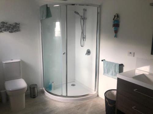 a bathroom with a shower and a toilet at Taurikura Bay Relax and Explore in Whangarei Heads