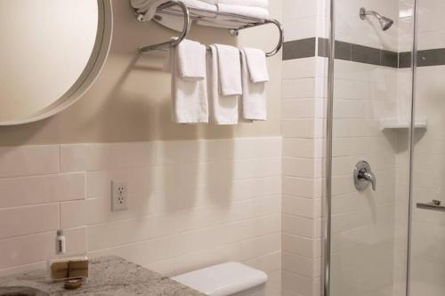 a bathroom with a shower with white towels and a mirror at Business Traveler's Cozy Studio #21 by Amazing Property Rentals in Gatineau