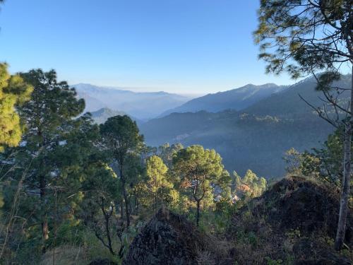 a view of a valley with trees and mountains at The Golden Sunrise Hotel in Nainital